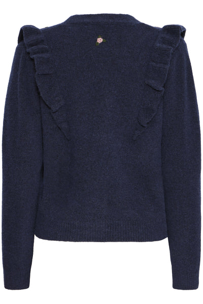 Navy blue cardigan with ruffled shoulders on a white background
