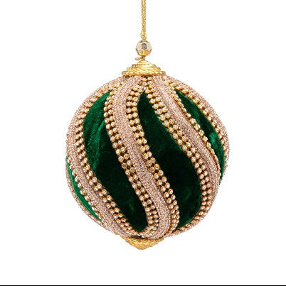 Decorative Christmas ball ornament with gold and green stripes on a white background