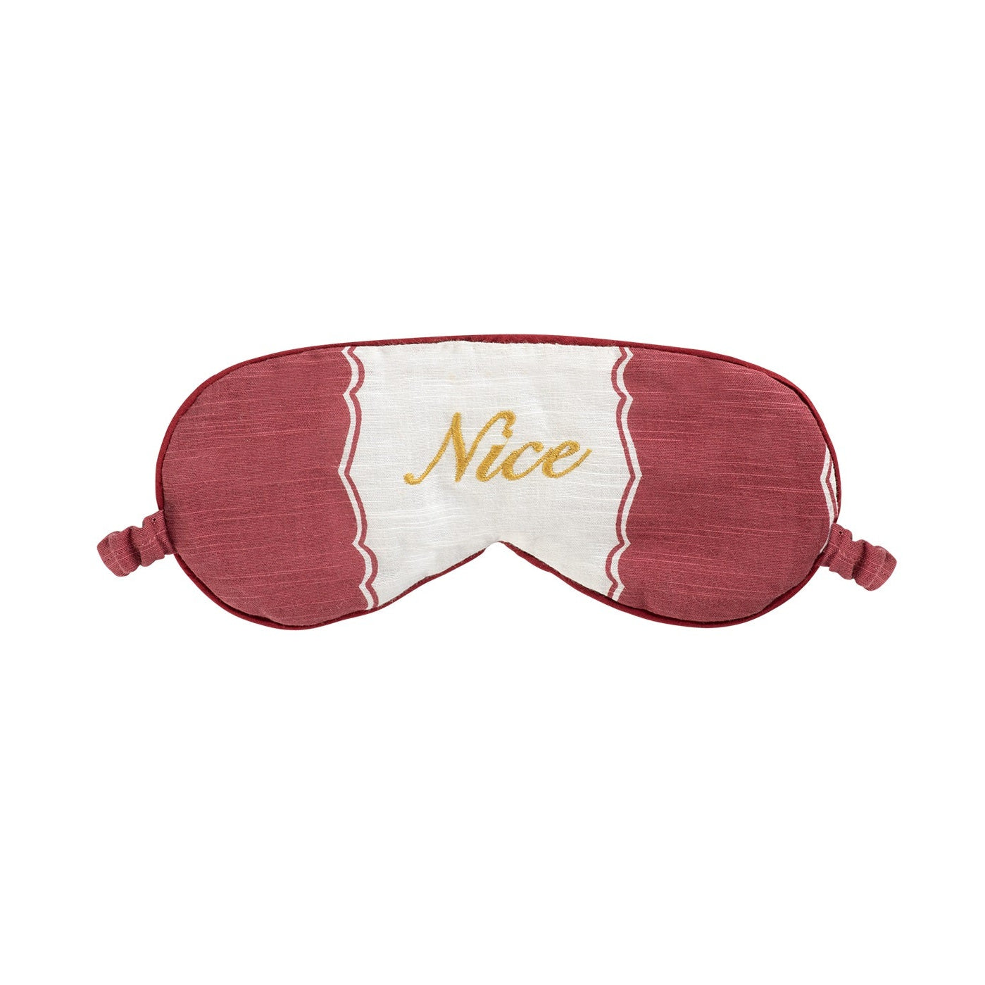 Sleep mask with 'Nice' text on a white background