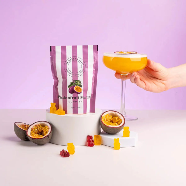 Tropical gummies with passionfruit and citrus notes, a fruity, indulgent treat in a striped bag