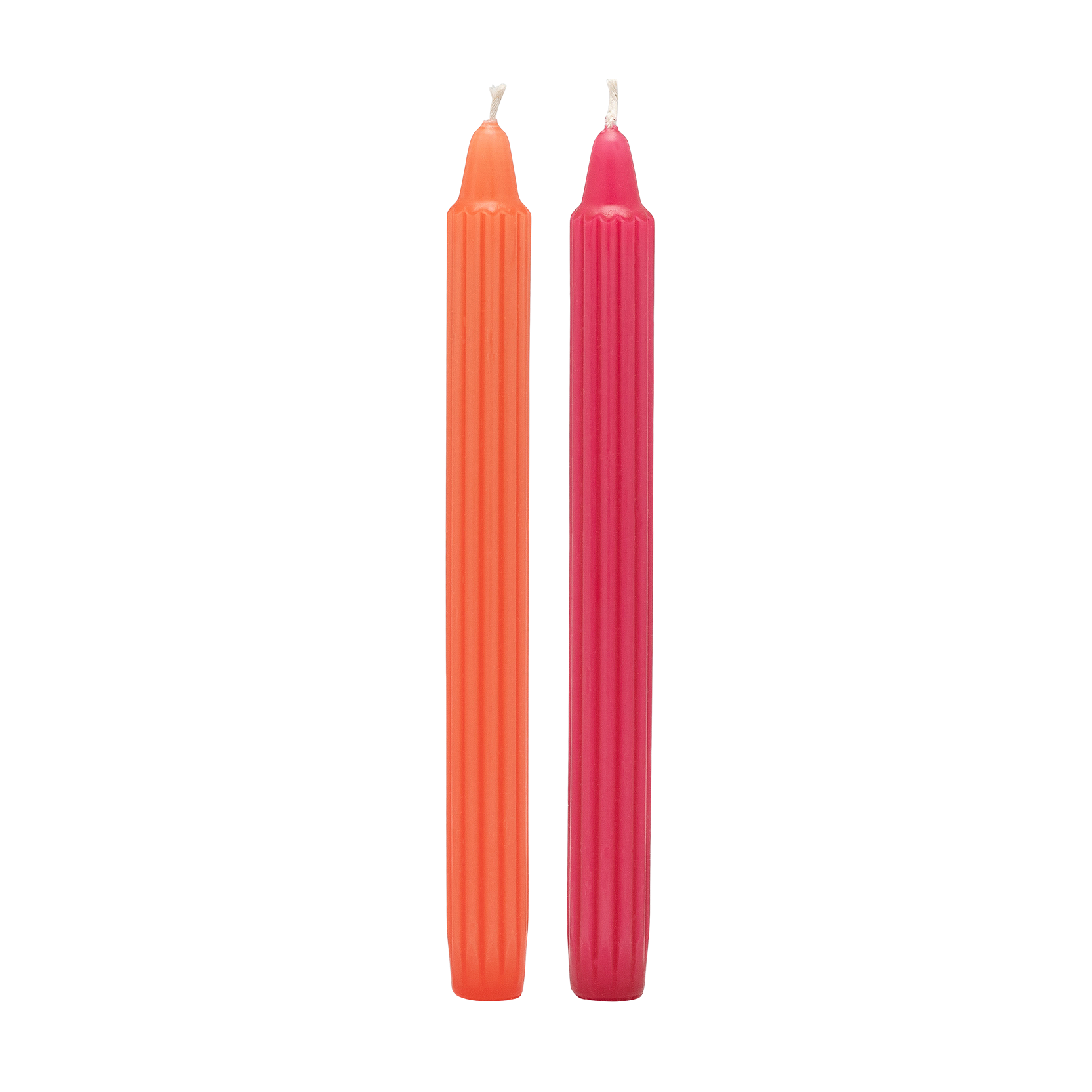 Two orange and pink candles on a white background