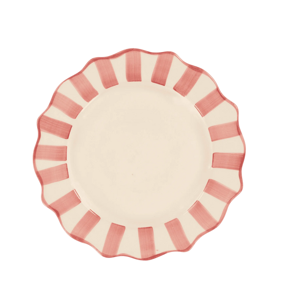 Ceramic white dinner plate with Scalloped edges with pink stripes on white background