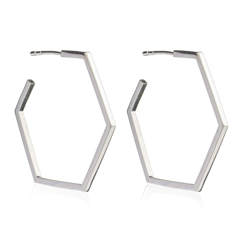 Large Silver Hexagon Hoop Earrings