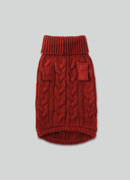 Red Cable Knit Dog Jumper underside showing leg wholes on light grey background