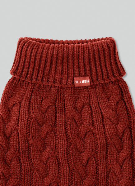  Close up of red Cable Knit Dog Jumper showing turtle neck design. 