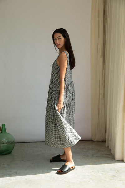 Kyra-Cay white and black gingham sleeveless maxi dress from Beaumont Organic