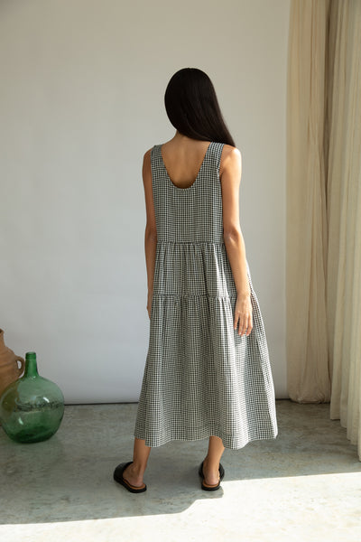 Kyra-Cay white and black gingham sleeveless maxi dress from Beaumont Organic