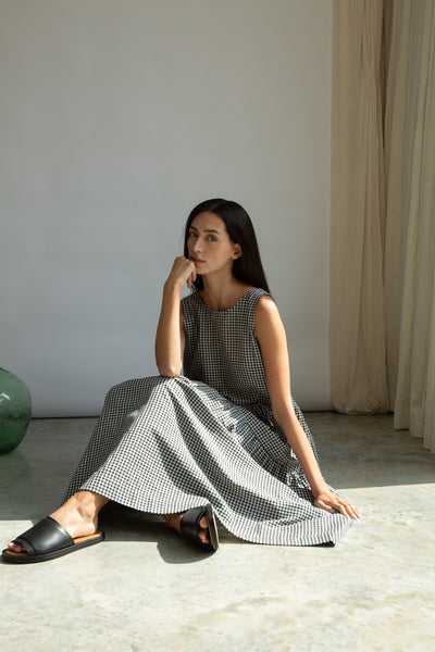 Kyra-Cay white and black gingham sleeveless maxi dress from Beaumont Organic
