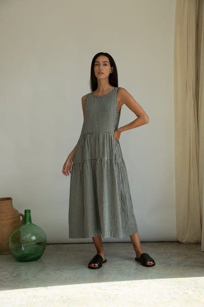 Kyra-Cay white and black gingham sleeveless maxi dress from Beaumont Organic