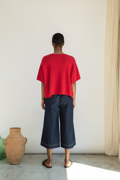 Nicole-Leigh, a classic dark denim blue wide-leg culotte style trouser from Beaumont Organic