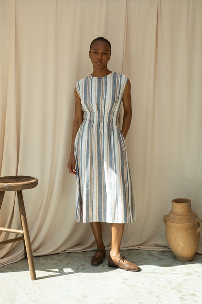 Ottillie-Sue beige, blue and white striped dress from Beaumont Organic