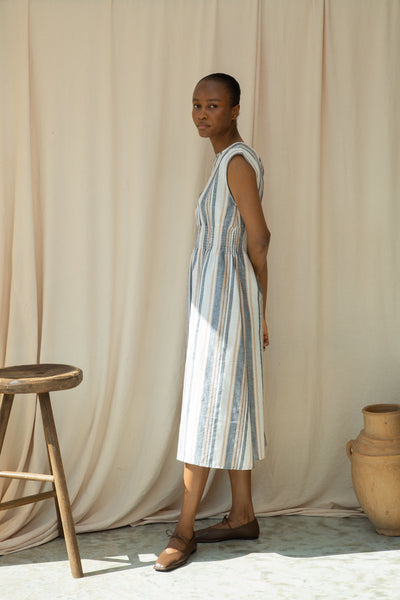 Ottillie-Sue beige, blue and white striped dress from Beaumont Organic