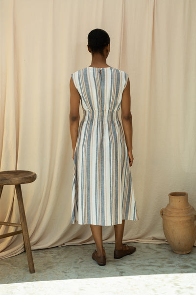 Ottillie-Sue beige, blue and white striped dress from Beaumont Organic