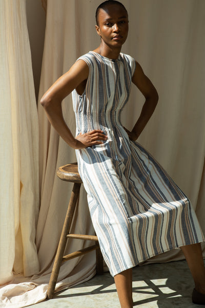 Ottillie-Sue beige, blue and white striped dress from Beaumont Organic