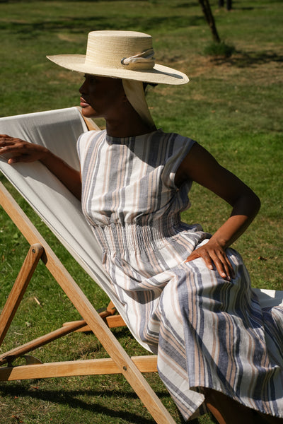 Ottillie-Sue beige, blue and white striped dress from Beaumont Organic