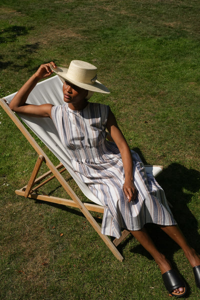Ottillie-Sue beige, blue and white striped dress from Beaumont Organic