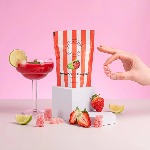 Sweet strawberry gummies with a zesty citrus twist — a refreshing cocktail-inspired treat.