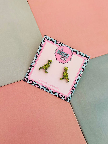 Green Glitter T- Rex Dinosaur Stud Earrings