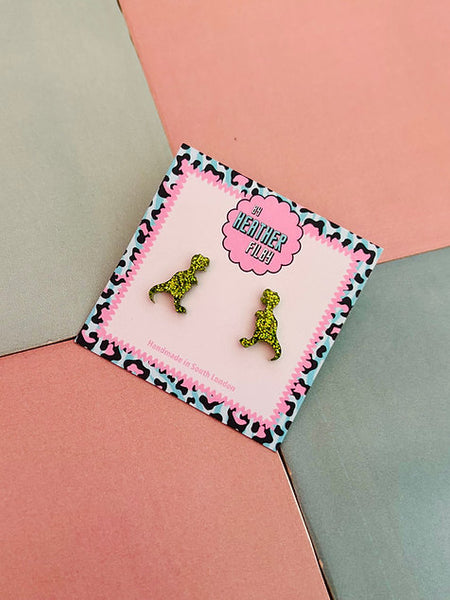 Green Glitter T- Rex Dinosaur Stud Earrings
