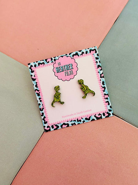 Green Glitter T- Rex Dinosaur Stud Earrings