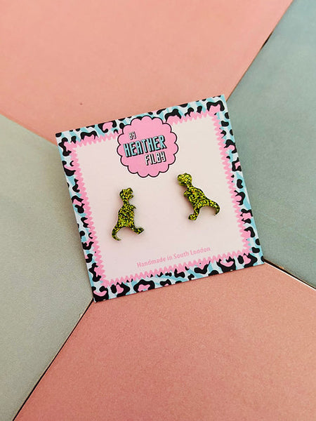 Green Glitter T- Rex Dinosaur Stud Earrings
