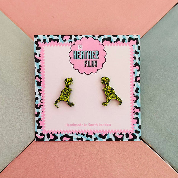 Green Glitter T- Rex Dinosaur Stud Earrings