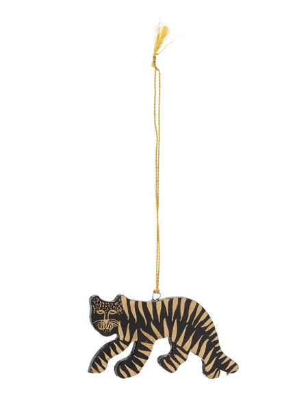 Tiger-shaped ornament hanging on a white background