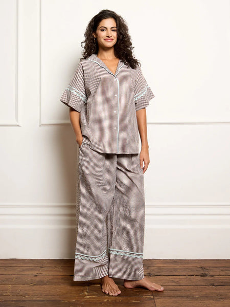 Chocolate Gingham With Blue Trim Oversize Pyjamas