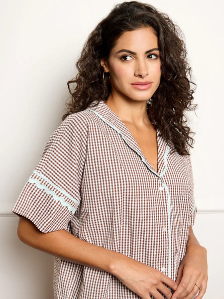 Chocolate Gingham With Blue Trim Oversize Pyjamas