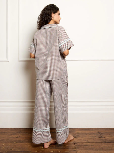 Chocolate Gingham With Blue Trim Oversize Pyjamas