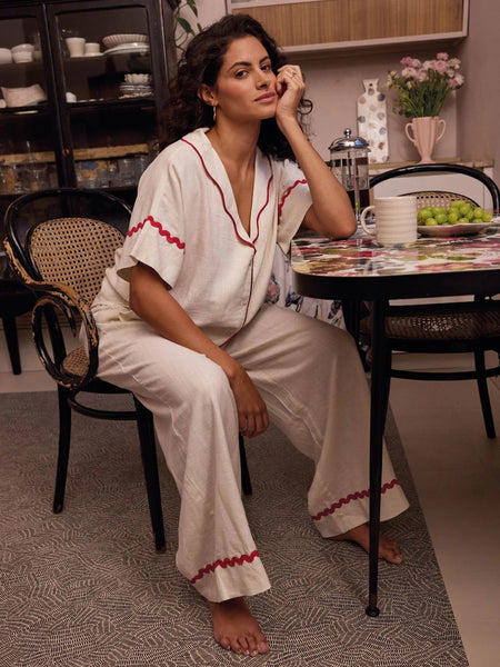 White With Red Ric Rac Trim Linen Blend Oversize Pyjama Set