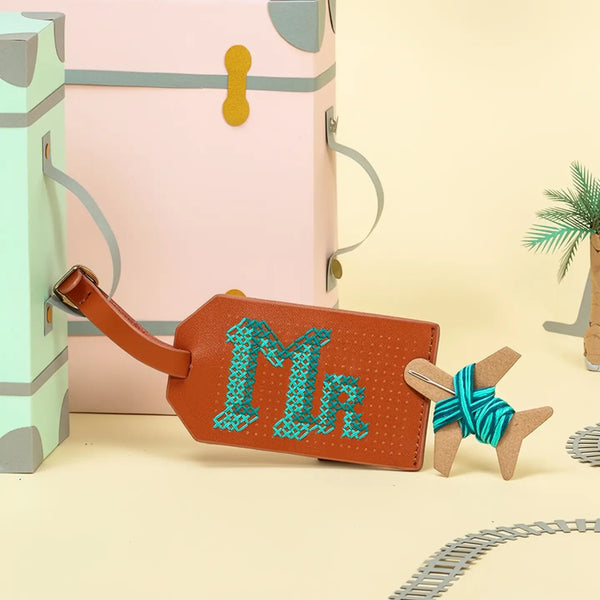 Brown Cross Stitch Luggage Tag Kit with Teal Thread