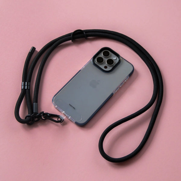 Adjustable black phone lanyard strap designed for comfortable crossbody wear and easy access to your smartphone.