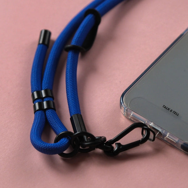 Adjustable electric blue phone lanyard strap designed for comfortable crossbody wear and convenient phone access.