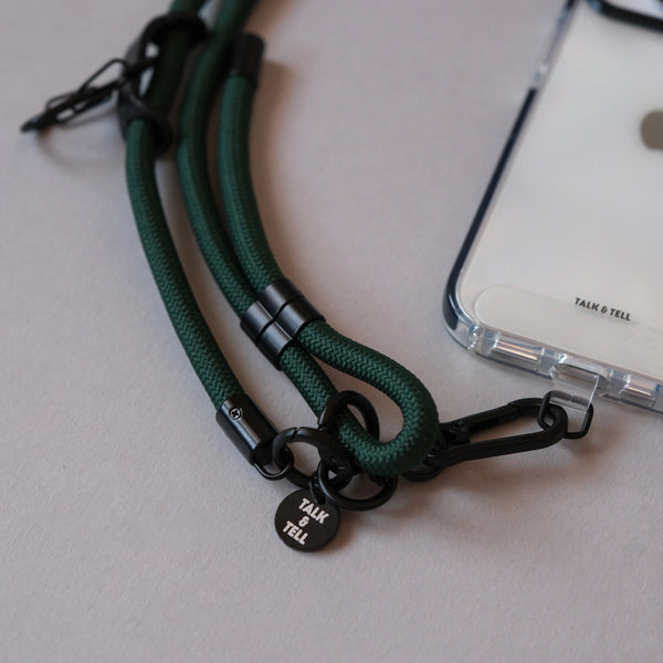 Adjustable forest green rope phone lanyard designed for comfortable crossbody wear and easy access to your phone.