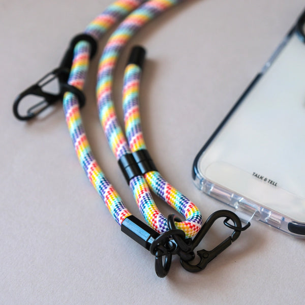 Adjustable rainbow rope phone lanyard designed for comfortable crossbody wear and convenient access to your smartphone.