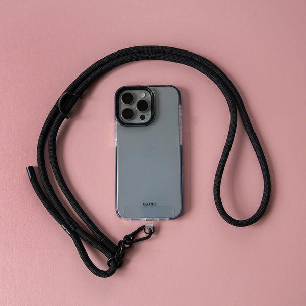 Black crossbody lanyard adjustable phone strap with secure attachment for hands-free everyday phone carrying.