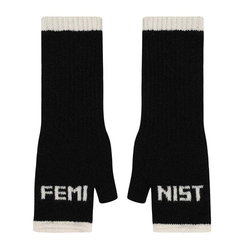 Feminist Fingerless Mittens in Black & Ecru