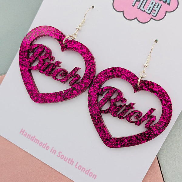 Hot Pink Glitter Bitch Earrings
