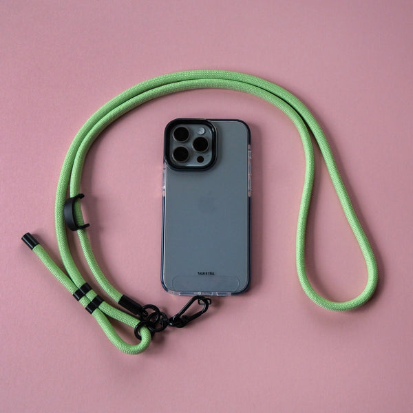 Light green crossbody rope lanyard adjustable phone strap with secure connector for hands-free smartphone carrying.
