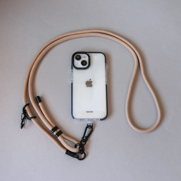 Natural beige crossbody rope lanyard adjustable phone strap with secure connector for hands-free smartphone carrying.