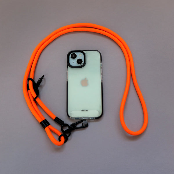 Orange adjustable phone lanyard with crossbody design for convenient hands-free everyday use.