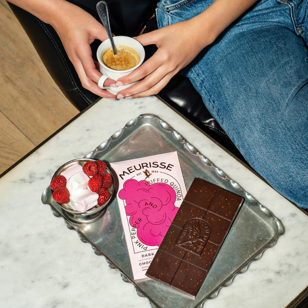 Dark Chocolate with Puffed Quinoa and Pink Pepper