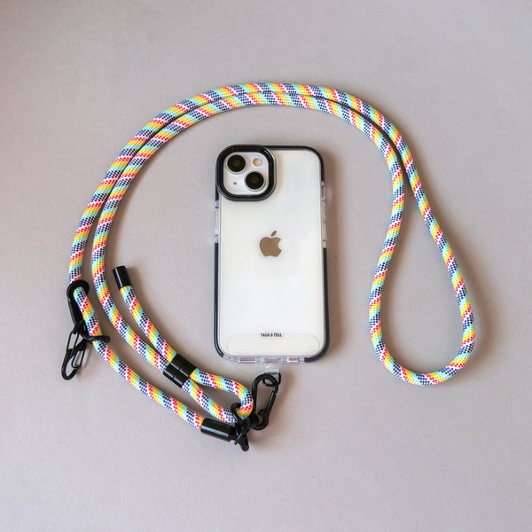 Rainbow crossbody rope lanyard adjustable phone strap with secure connector for hands-free smartphone carrying.